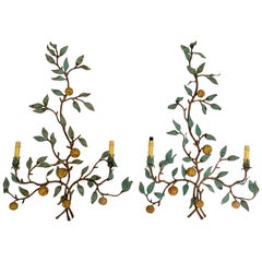 Large Pair of Italian Painted Metal Sconces with Leaf and Fruit Decoration
