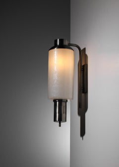 Large pair of Italian Regianni wall lights in glass and nickel-plated frame