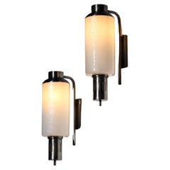 Large pair of Italian Regianni wall lights in glass and nickel-plated frame