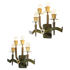 Large pair of italian sconces with floral decoration 4 lampshade in brass