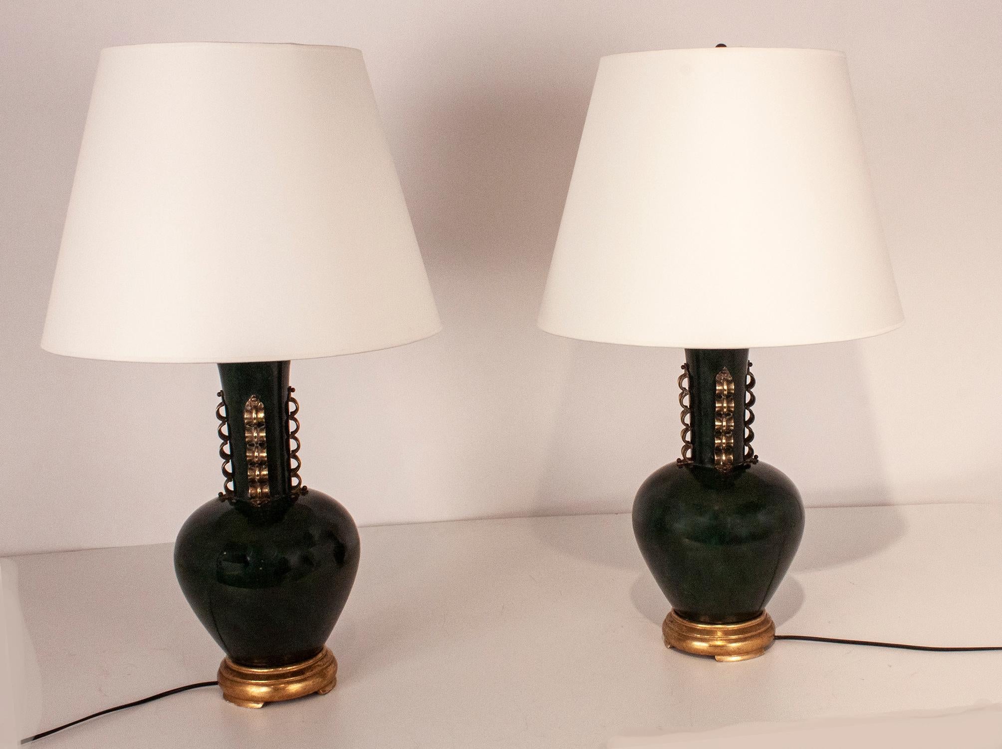 Large Pair of Italian Table Lamps, in the Manner of Gio Ponti, Metal and Brass For Sale 6