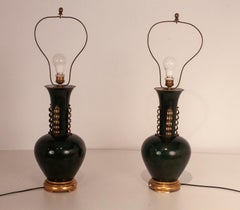 Large Pair of Italian Table Lamps, in the Manner of Gio Ponti, Metal and Brass