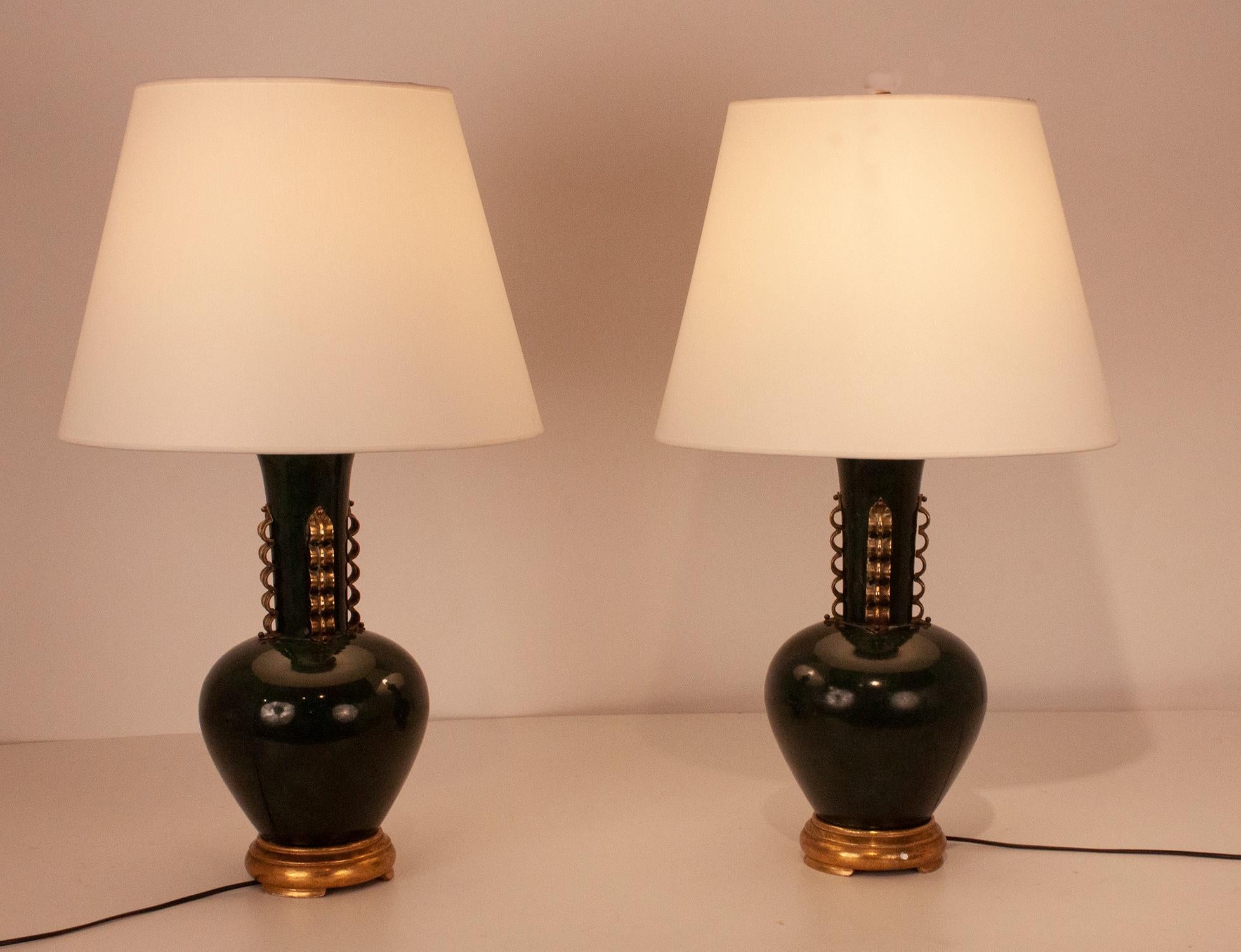 Mid-Century Modern Large Pair of Italian Table Lamps, in the Manner of Gio Ponti, Metal and Brass For Sale