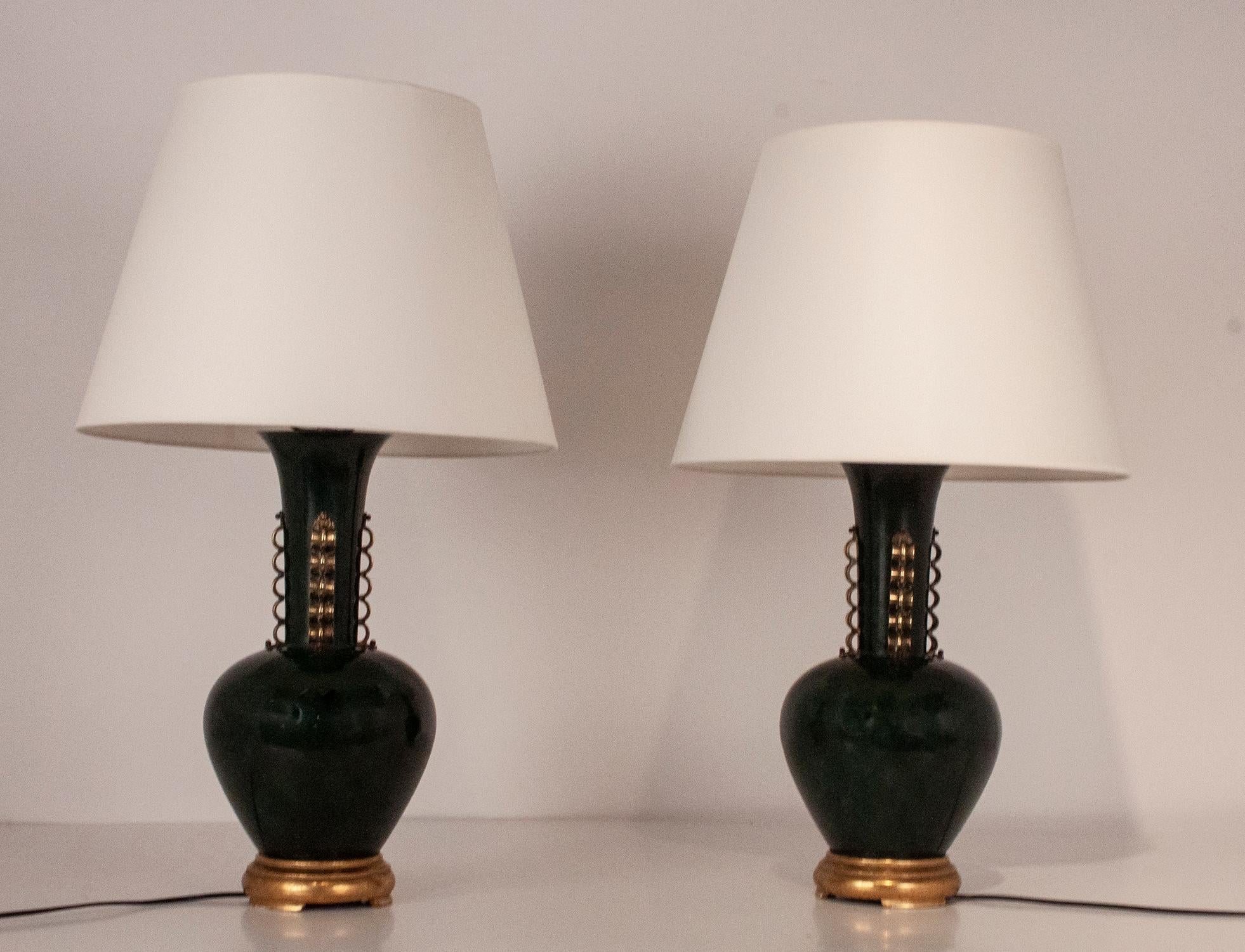 Large Pair of Italian Table Lamps, in the Manner of Gio Ponti, Metal and Brass For Sale 3