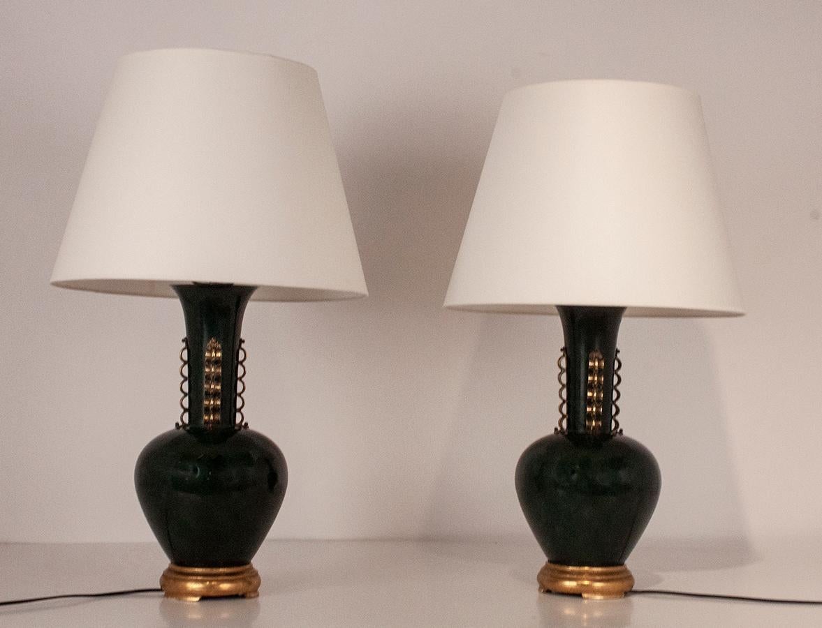 Large Pair of Italian Table Lamps, in the Manner of Gio Ponti, Metal and Brass For Sale 4