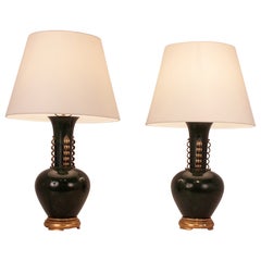 Large Pair of Italian Table Lamps, in the Manner of Gio Ponti, Metal and Brass