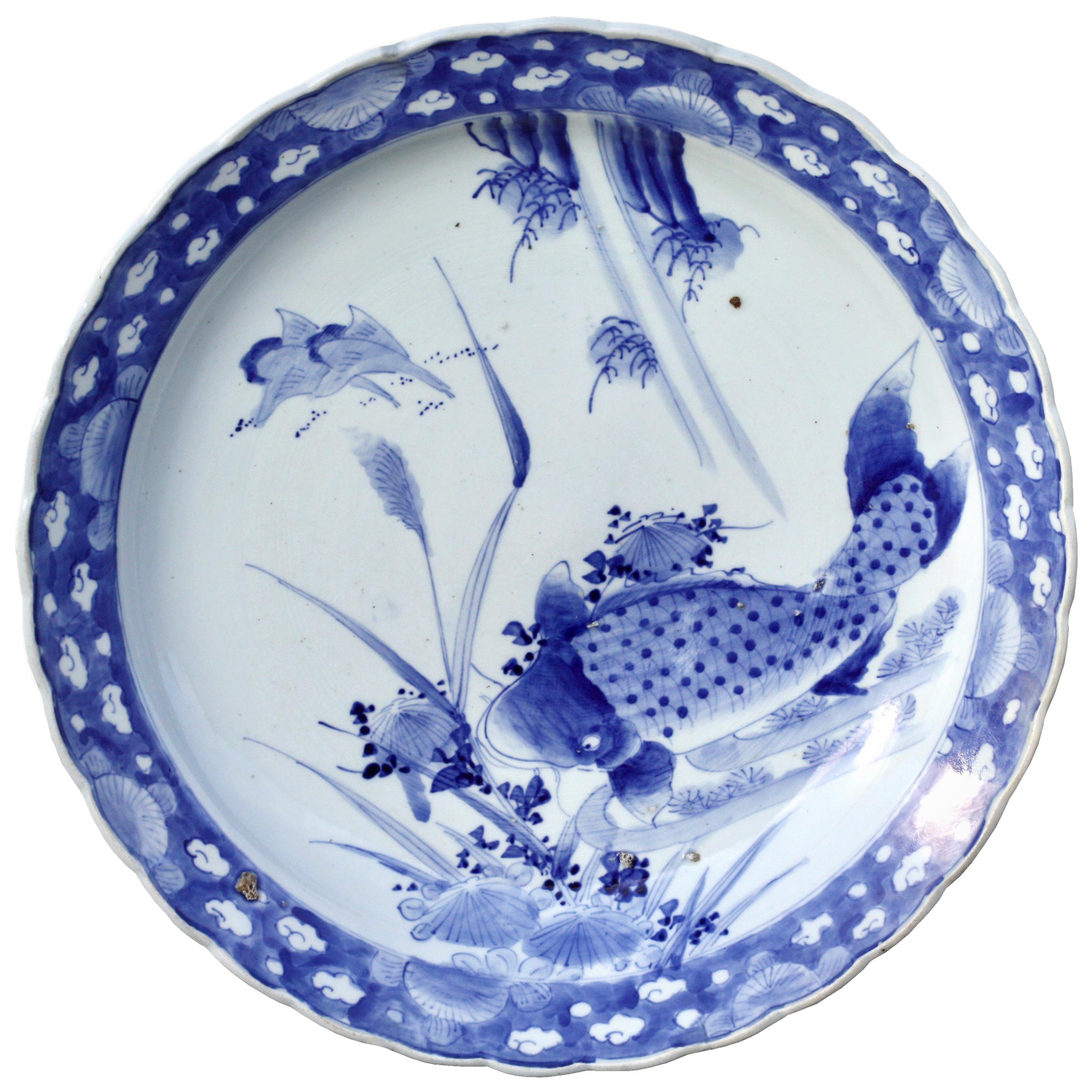 Large Pair of Japanese Blue and White Porcelain Chargers For Sale