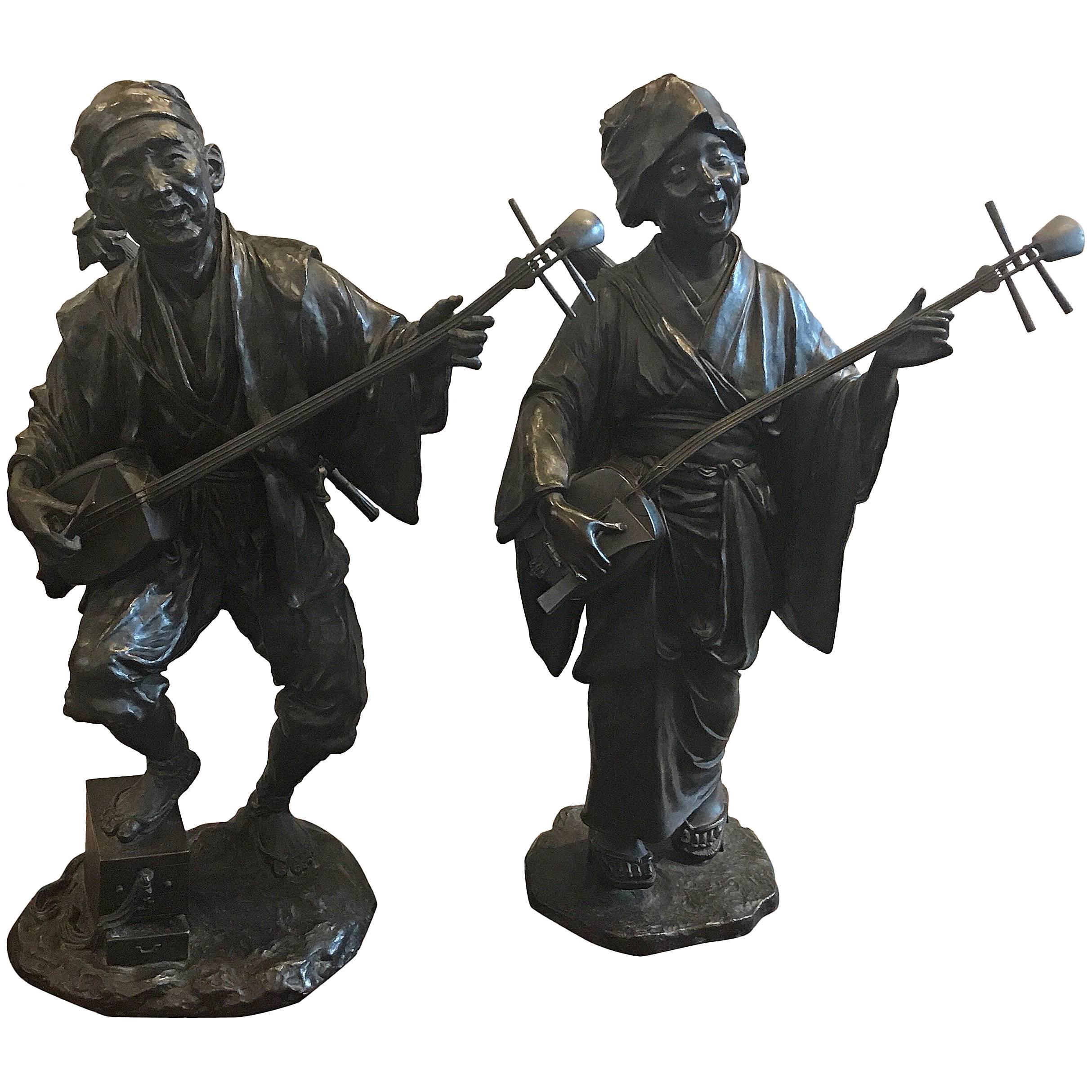 Large Pair of Japanese Bronze Musician Sculptures Meiji Period