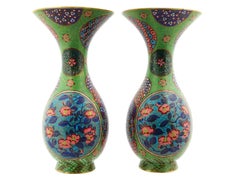Large Pair Of Japanese Cloisonne Enamel Green Floral Cherry Blossom Vases