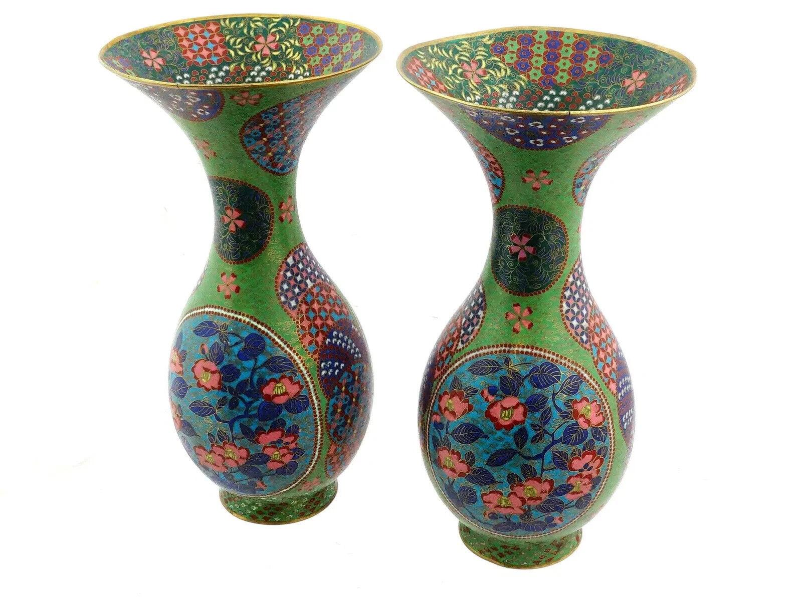 Cloissoné Large Pair Of Japanese Cloisonne Enamel Green Floral Cherry Blossom Vases For Sale
