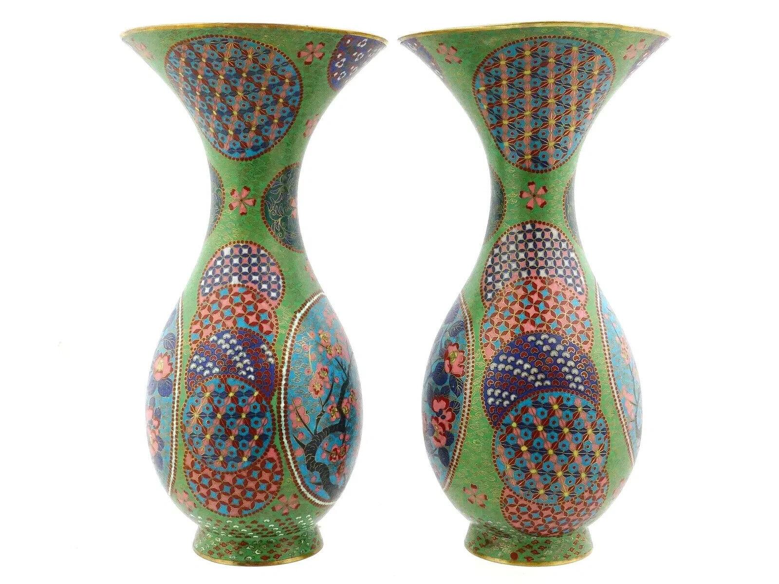 20th Century Large Pair Of Japanese Cloisonne Enamel Green Floral Cherry Blossom Vases For Sale