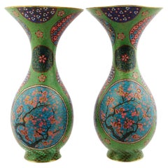 Large Pair Of Japanese Cloisonne Enamel Green Floral Cherry Blossom Vases