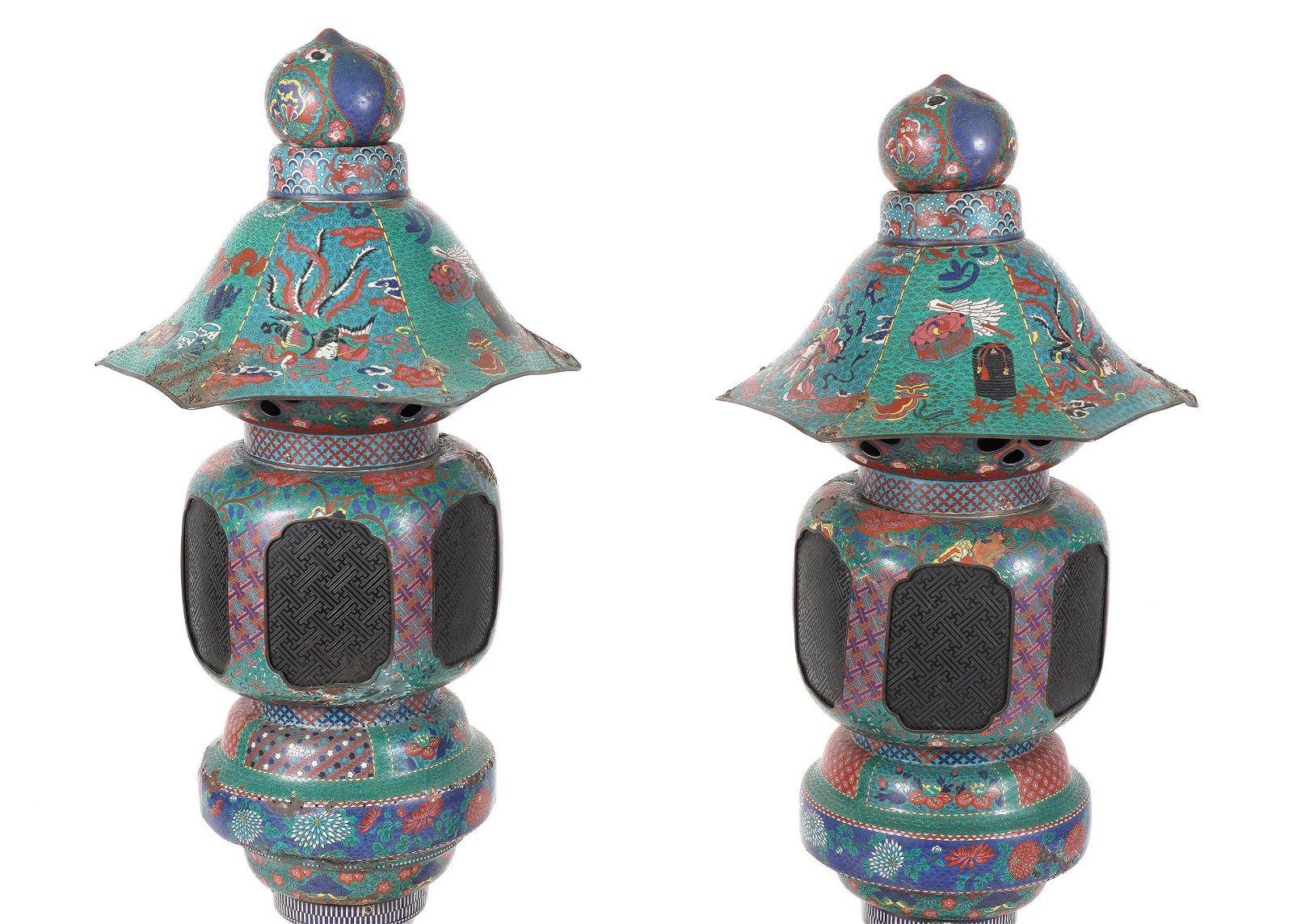 Grande paire de lanternes japonaises en émail cloisonné attribuées à Kaji Tsunekichi en vente 6