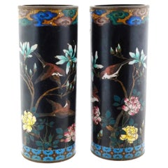 Large Pair Of Japanese Cloisonne Enamel Vases Garden And Birds