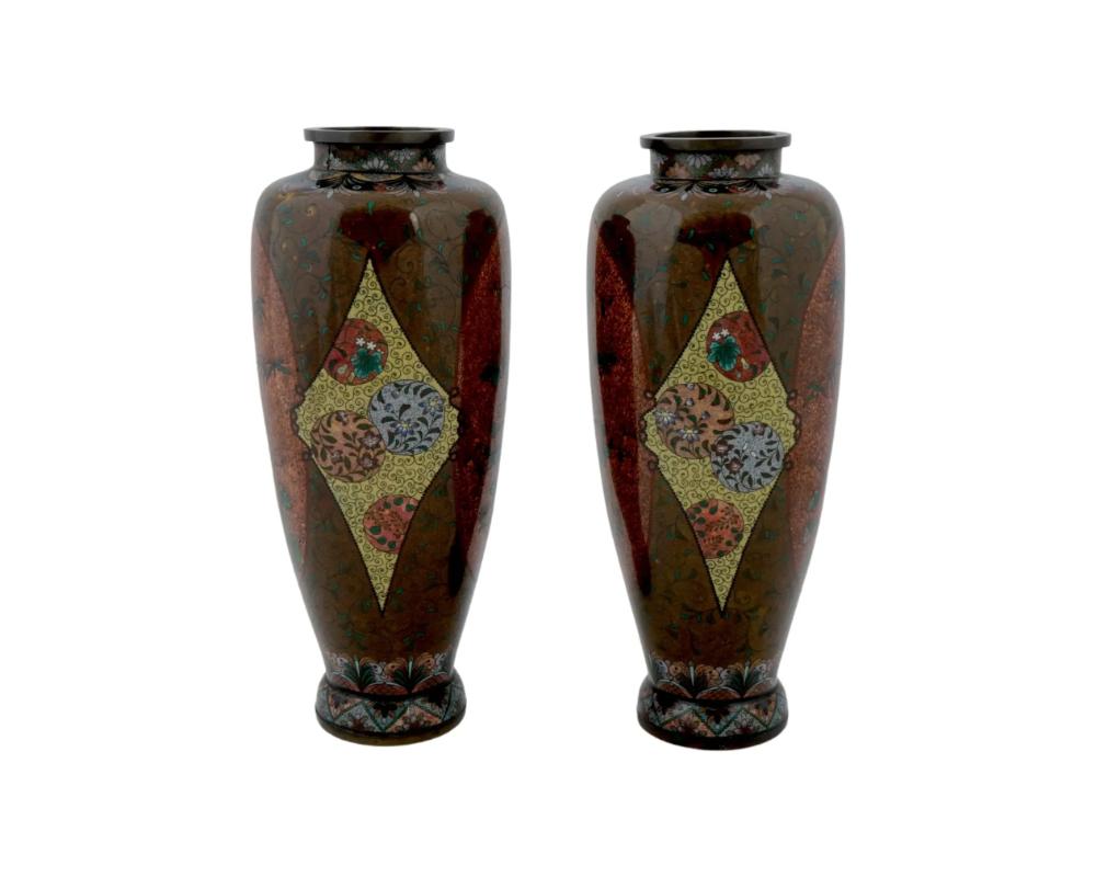 Meiji Large Pair Of Japanese Cloisonne Gold Stone Enamel Bamboo Tree Vases Attributed For Sale