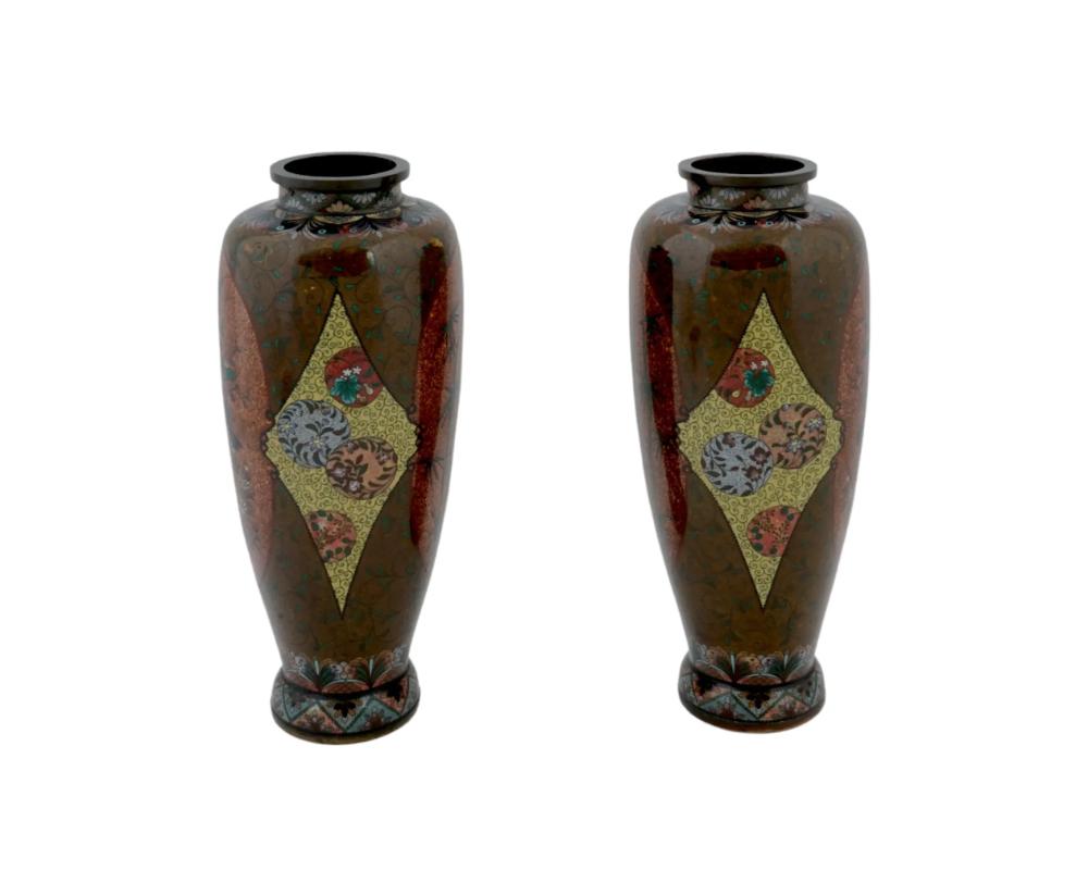 Cloissoné Large Pair Of Japanese Cloisonne Gold Stone Enamel Bamboo Tree Vases Attributed For Sale