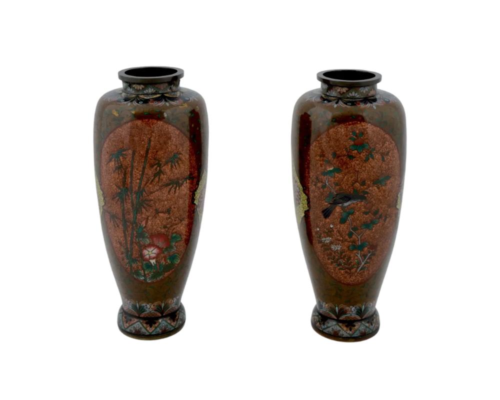 Large Pair Of Japanese Cloisonne Gold Stone Enamel Bamboo Tree Vases Attributed In Good Condition For Sale In New York, NY