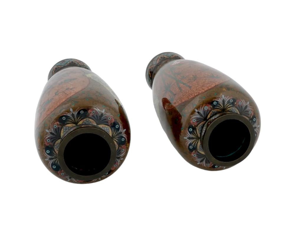 20th Century Large Pair Of Japanese Cloisonne Gold Stone Enamel Bamboo Tree Vases Attributed For Sale