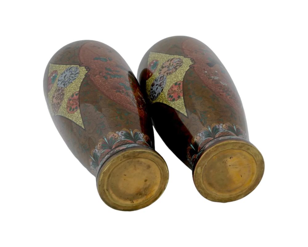 Copper Large Pair Of Japanese Cloisonne Gold Stone Enamel Bamboo Tree Vases Attributed For Sale