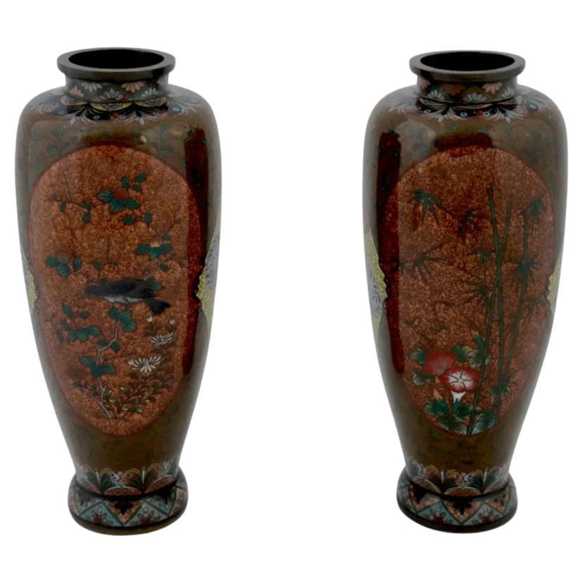 Large Pair Of Japanese Cloisonne Gold Stone Enamel Bamboo Tree Vases Attributed For Sale