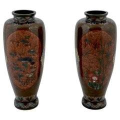 Large Pair Of Japanese Cloisonne Gold Stone Enamel Bamboo Tree Vases Attributed