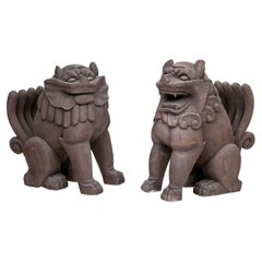 Large Pair of Japanese Folk Art Carved Wooden Shi-Shi or Foo Lions
