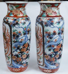 Large Pair of Japanese Imari Vases on Wooden Stands