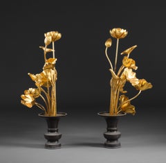 Large pair of Japanese ‘Jôka’ 常花, sets of gilded lotus flowers and -leaves