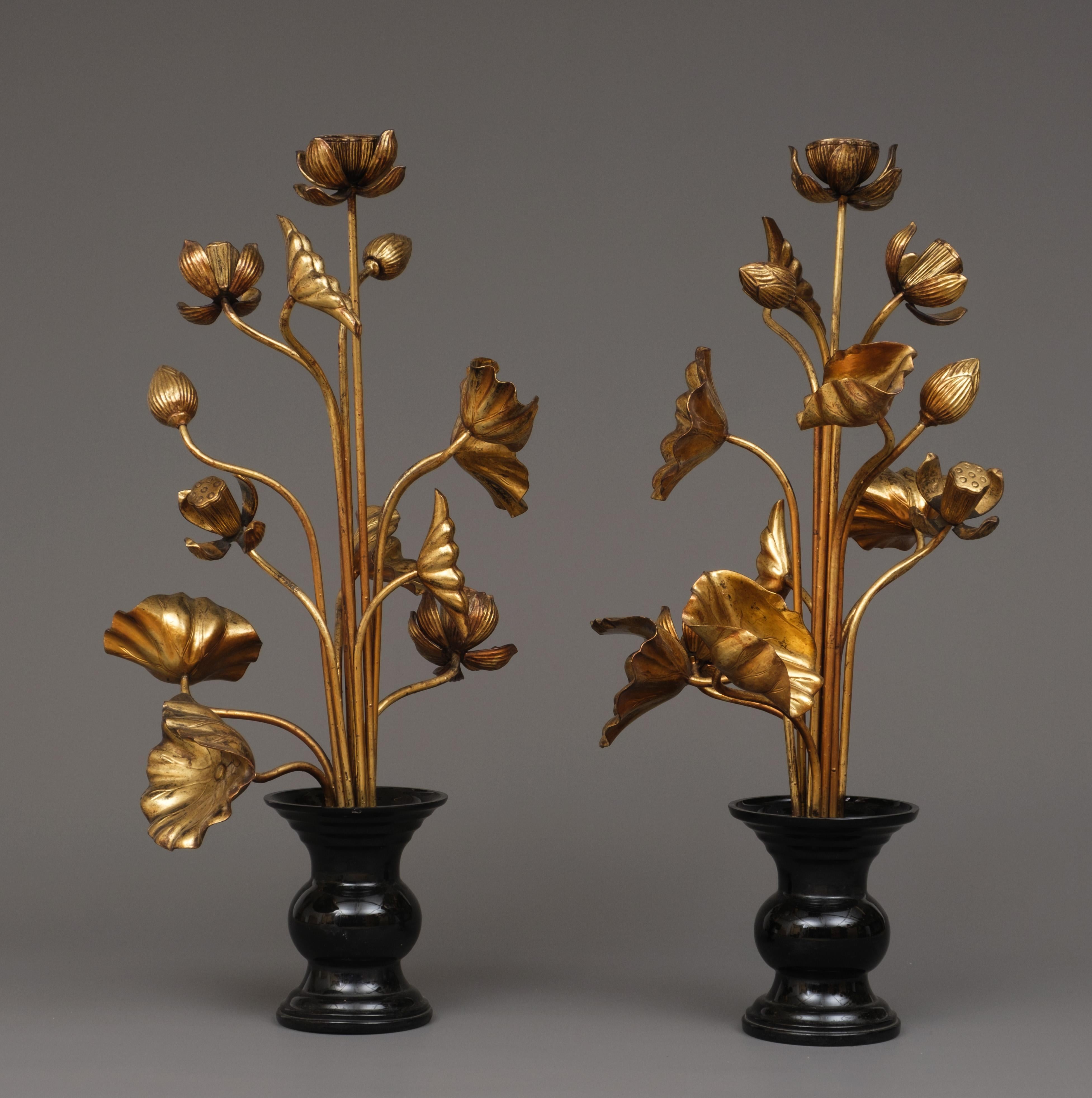Glass Large pair of Japanese ‘Jyôka’ 常花, sets of gilded lotus flowers and -leaves. For Sale
