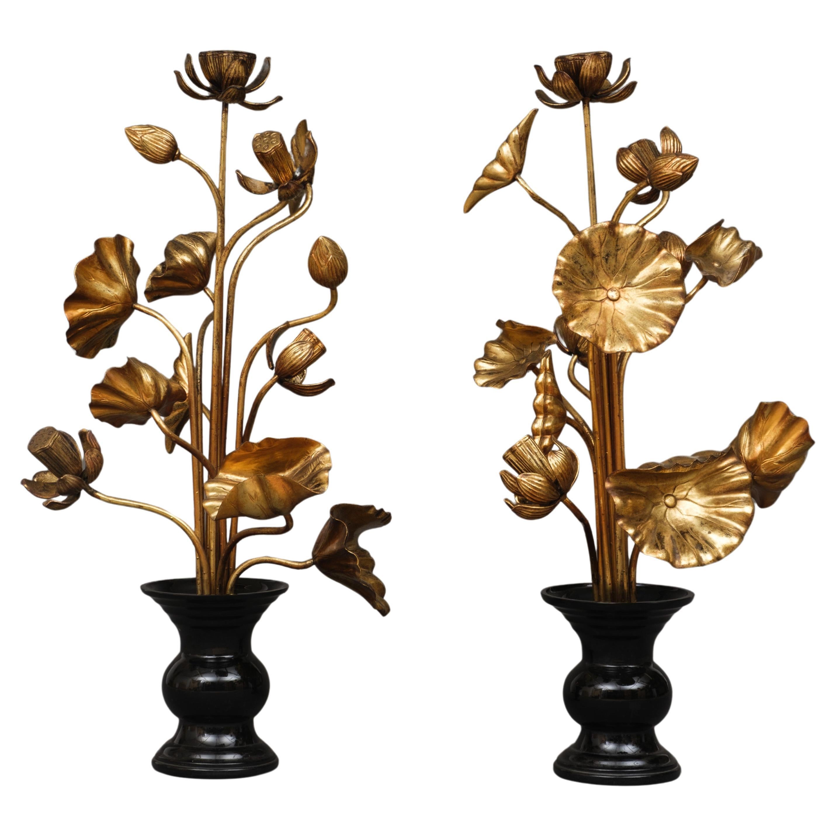 Large pair of Japanese ‘Jyôka’ 常花, sets of gilded lotus flowers and -leaves. For Sale