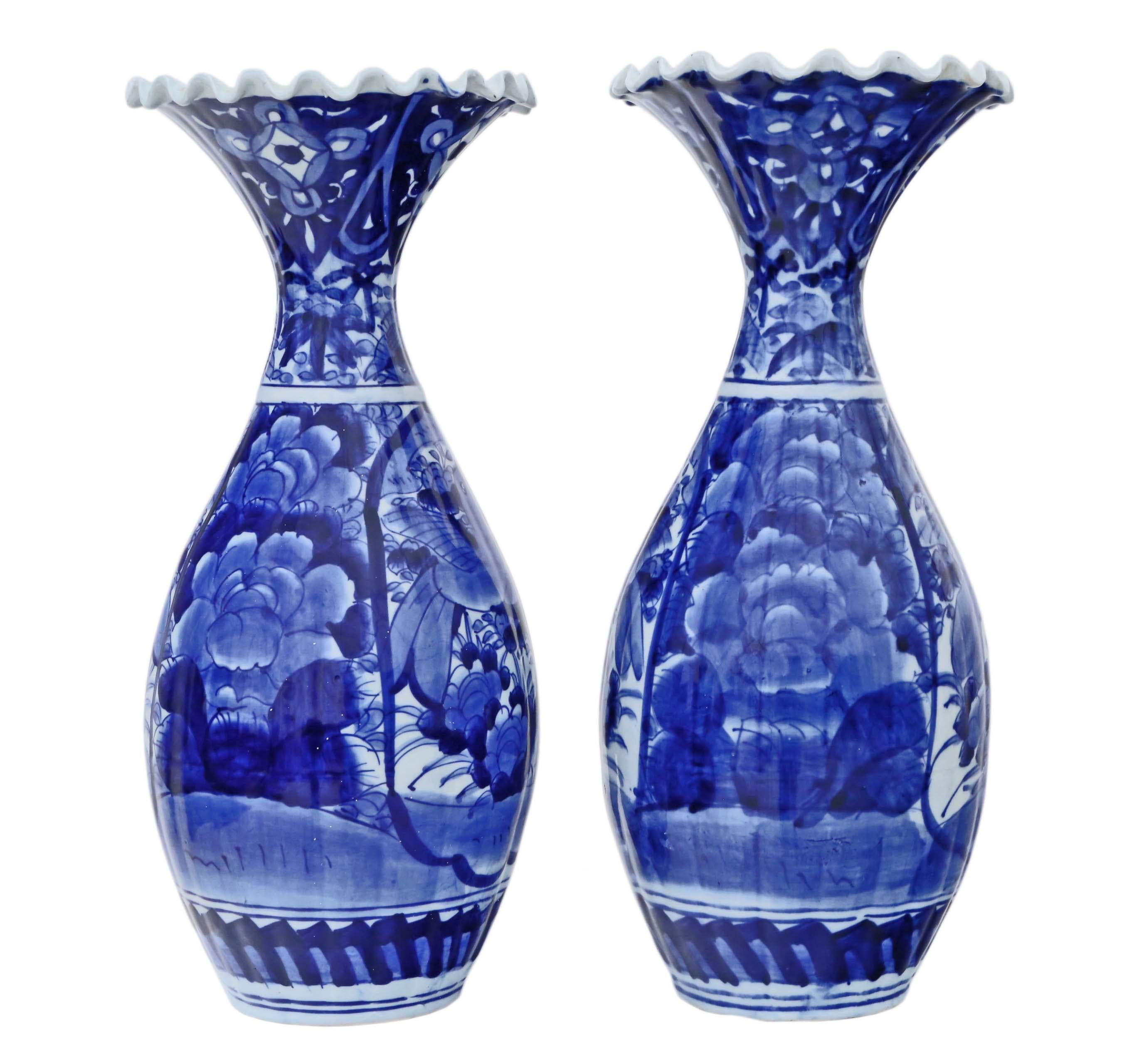 Antique large pair of Japanese Meiji Imari circa 1910 blue and white vases.
These are lovely large quality pieces....a touch of class, with fantastic ribbon rims
Would look amazing in the right location, large enough to make a real