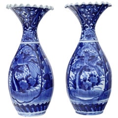 Large Pair of Japanese Meiji Imari Blue and White Vases