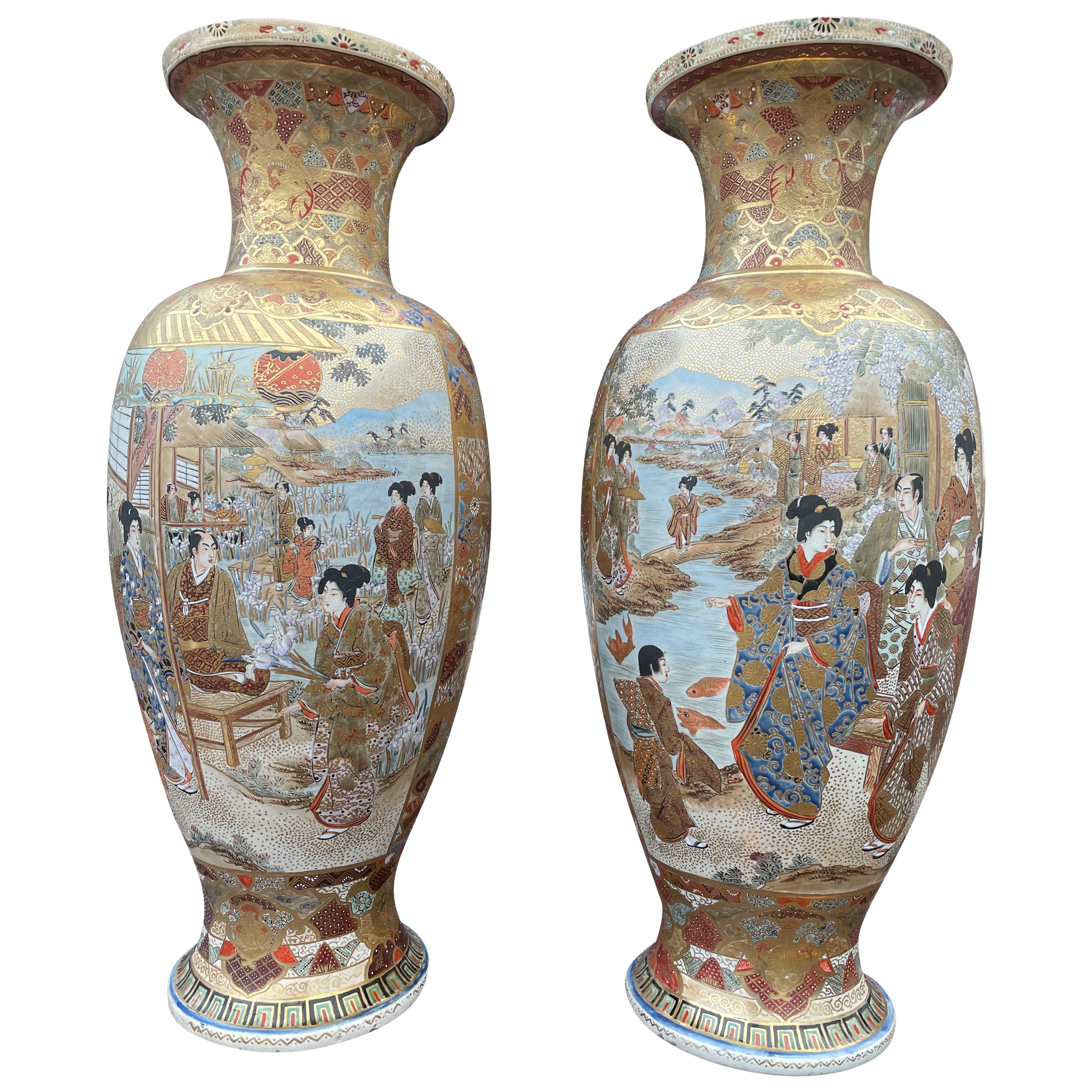 Large Pair of Japanese Satsuma Vases, 19th Century For Sale