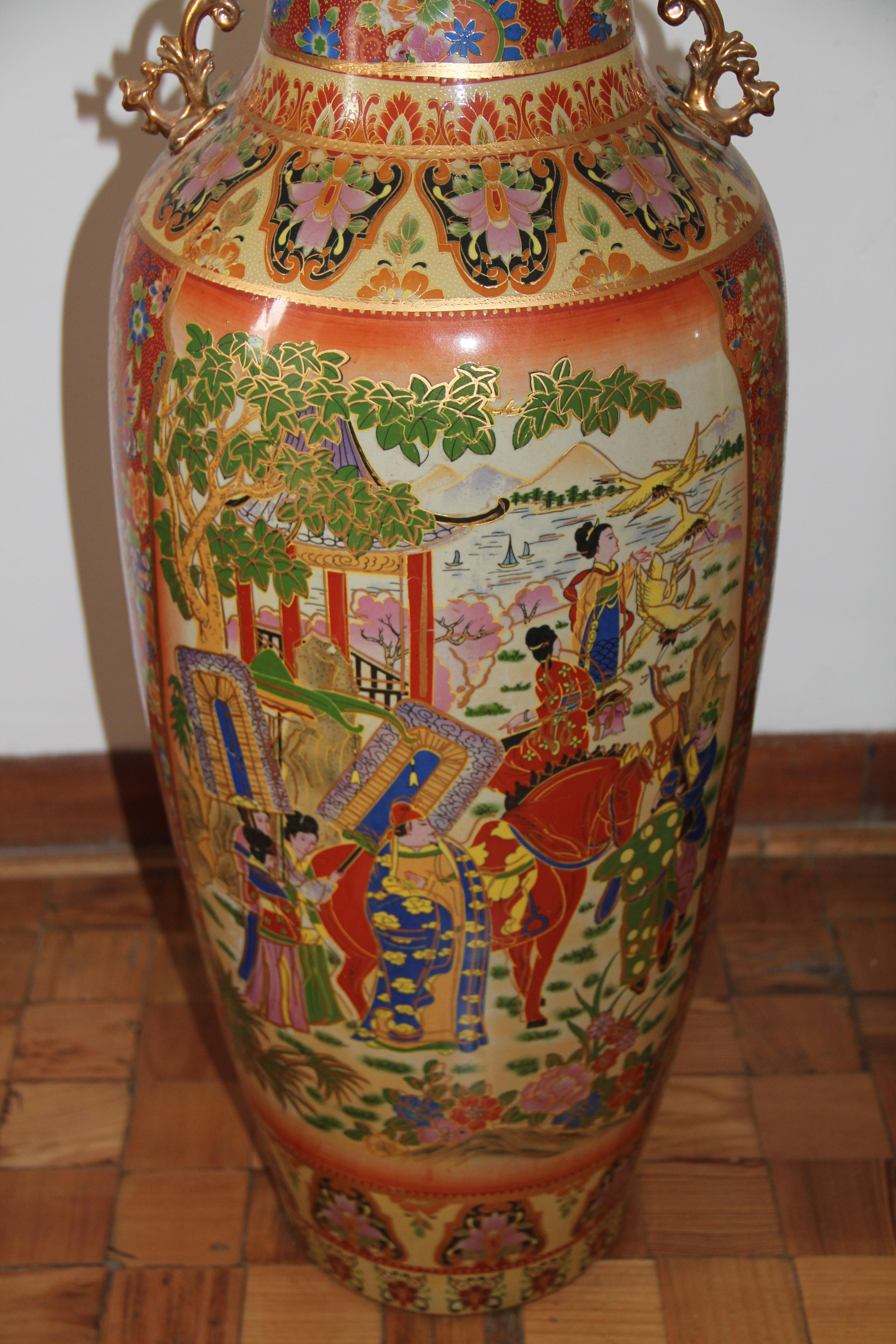 Modern Large Pair of Japanese Two-Handled Porcelain Baluster Vases with Waved Rims For Sale