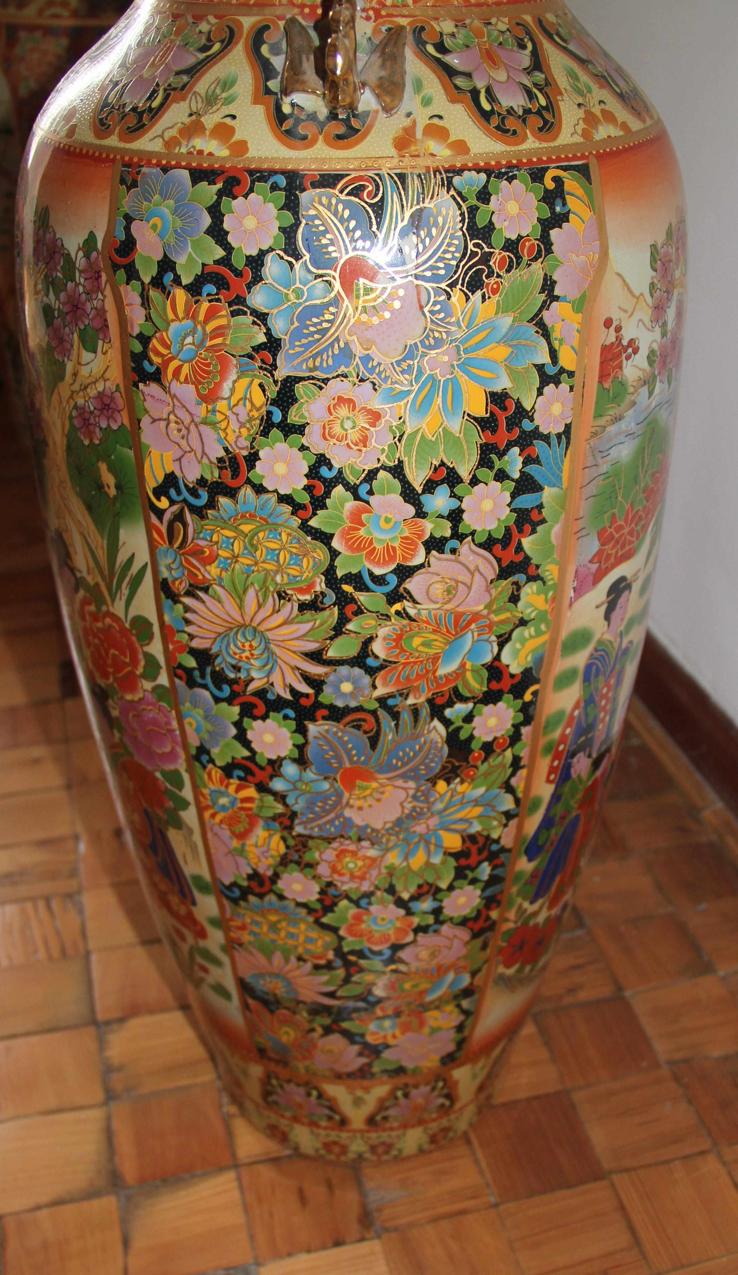 Large Pair of Japanese Two-Handled Porcelain Baluster Vases with Waved Rims For Sale 4