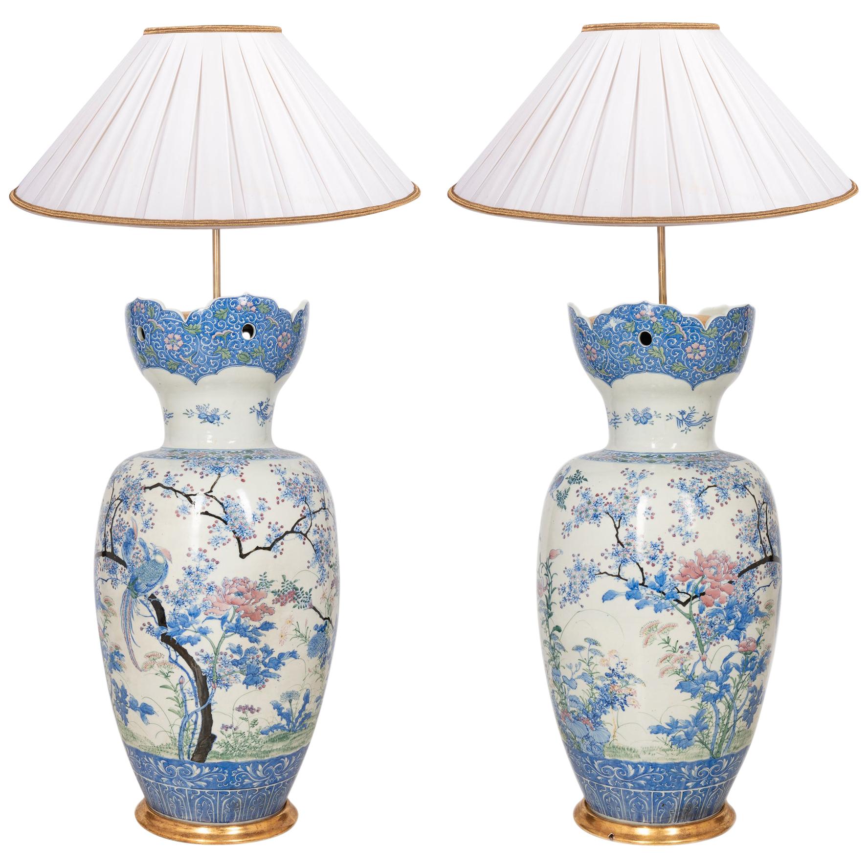 Large Pair of Japanese Yokohama Porcelain Vases / Lamps, 90cm(35.5”) high