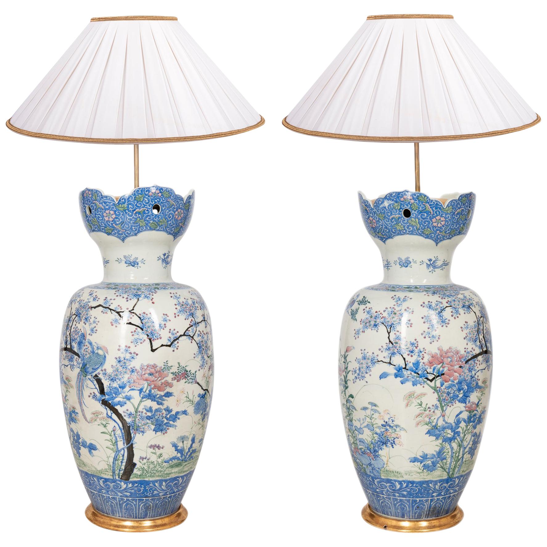 Gran Pareja de Jarrones / Lámparas Japoneses de Porcelana de Yokohama, 90 cm(35,5") de altura