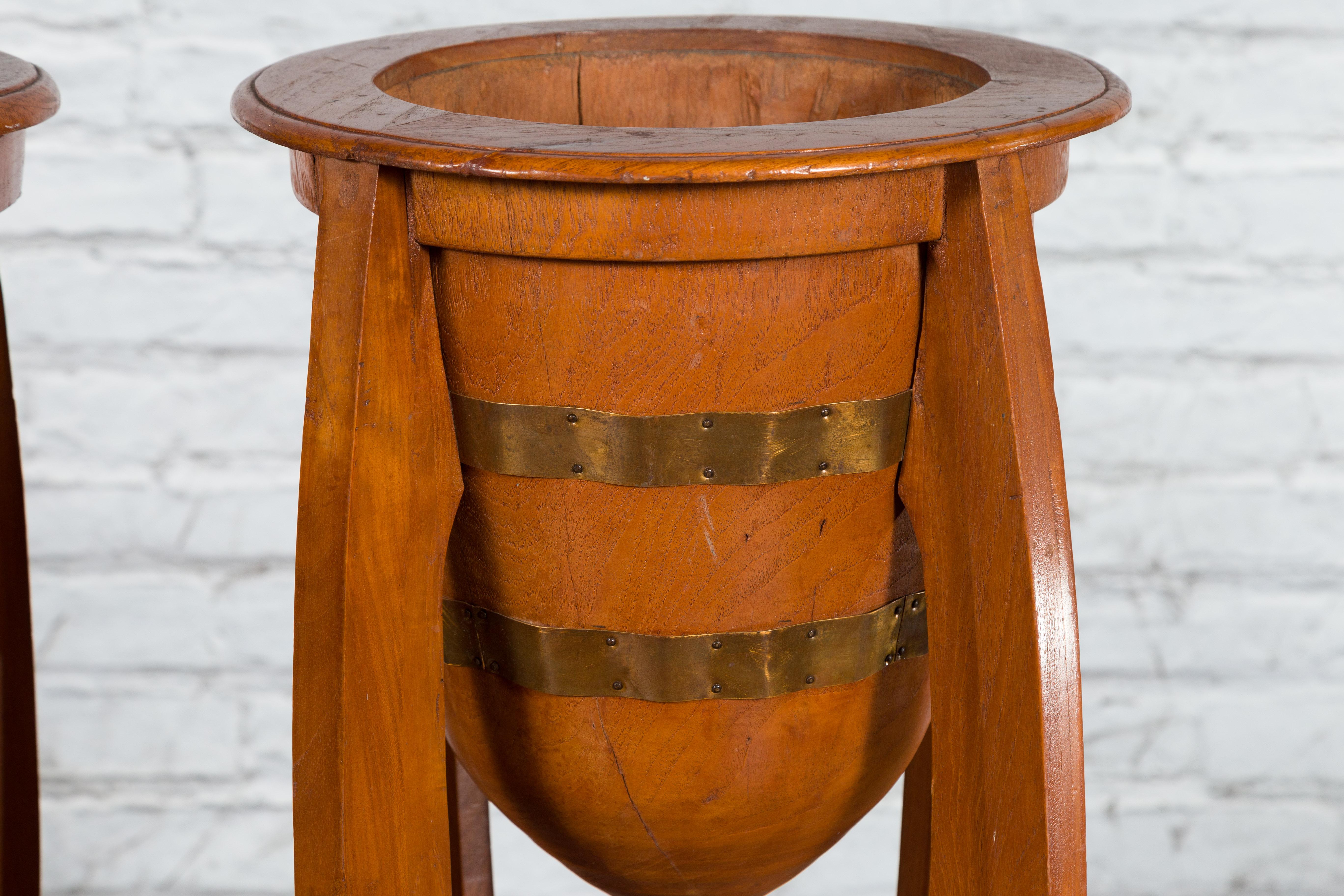 Large Pair of Javanese Art Deco Style Teak Wood Plant Stands with Brass Braces For Sale 5