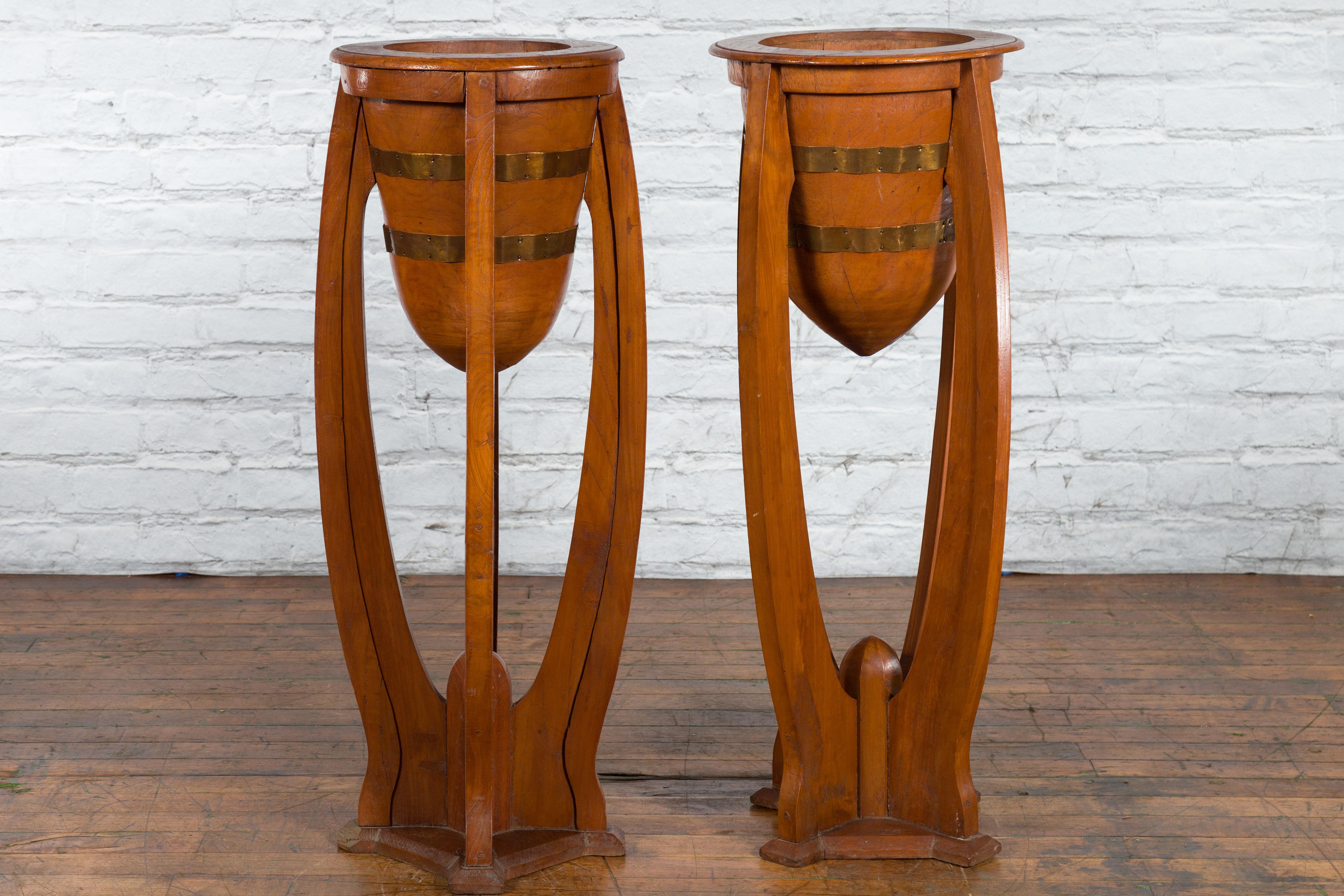 Large Pair of Javanese Art Deco Style Teak Wood Plant Stands with Brass Braces For Sale 6