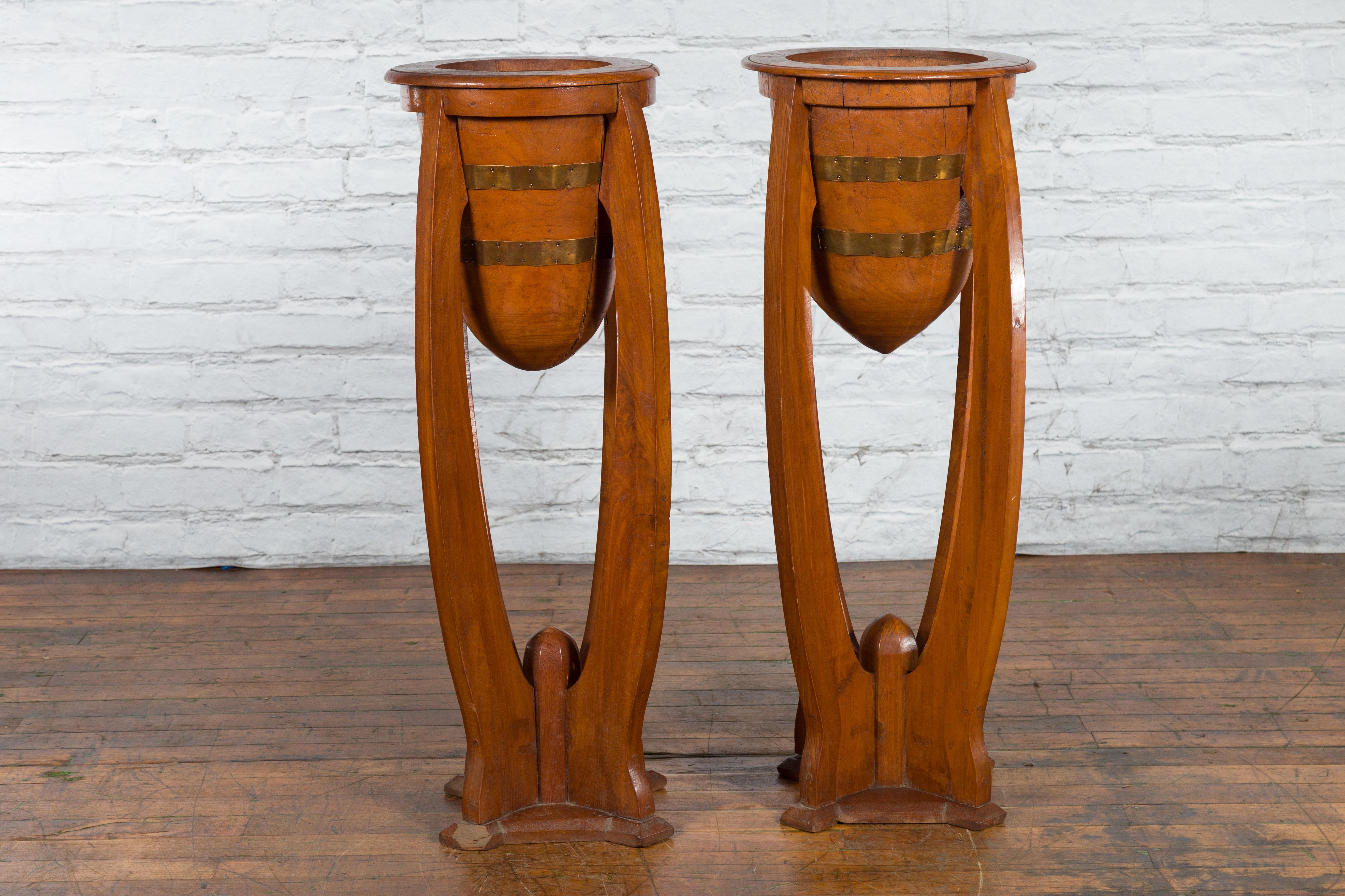 Large Pair of Javanese Art Deco Style Teak Wood Plant Stands with Brass Braces For Sale 7