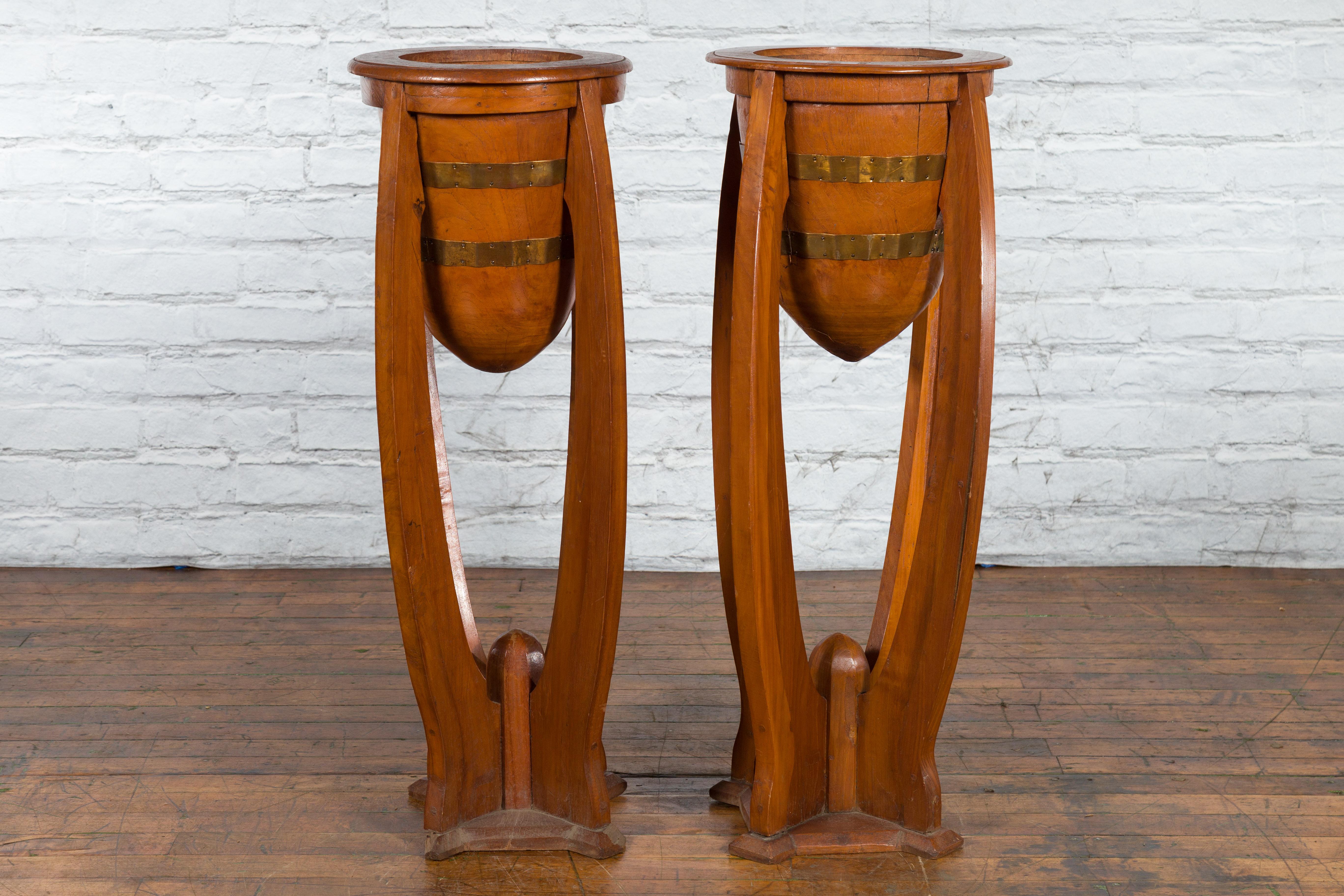 Large Pair of Javanese Art Deco Style Teak Wood Plant Stands with Brass Braces For Sale 8