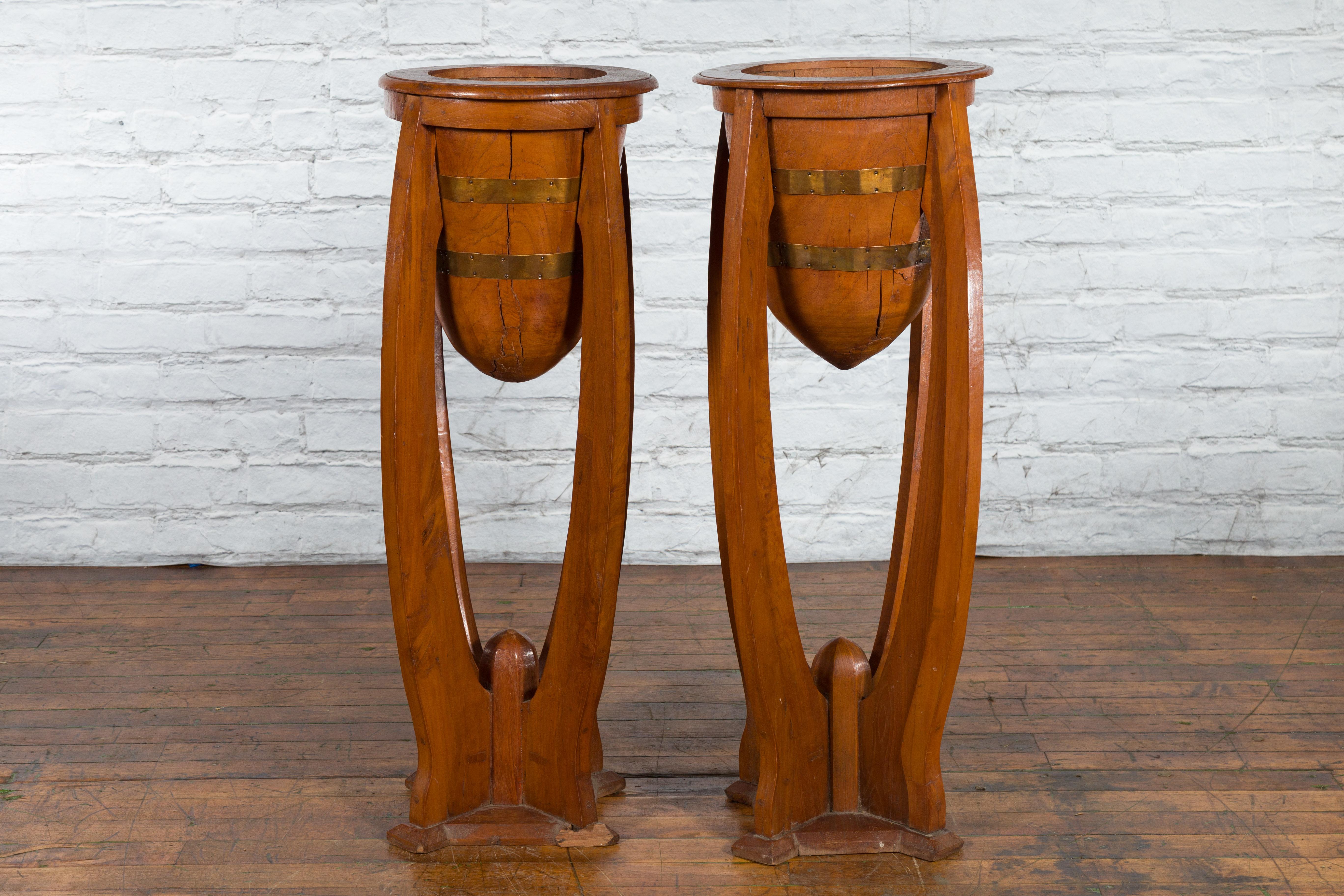 Large Pair of Javanese Art Deco Style Teak Wood Plant Stands with Brass Braces For Sale 9