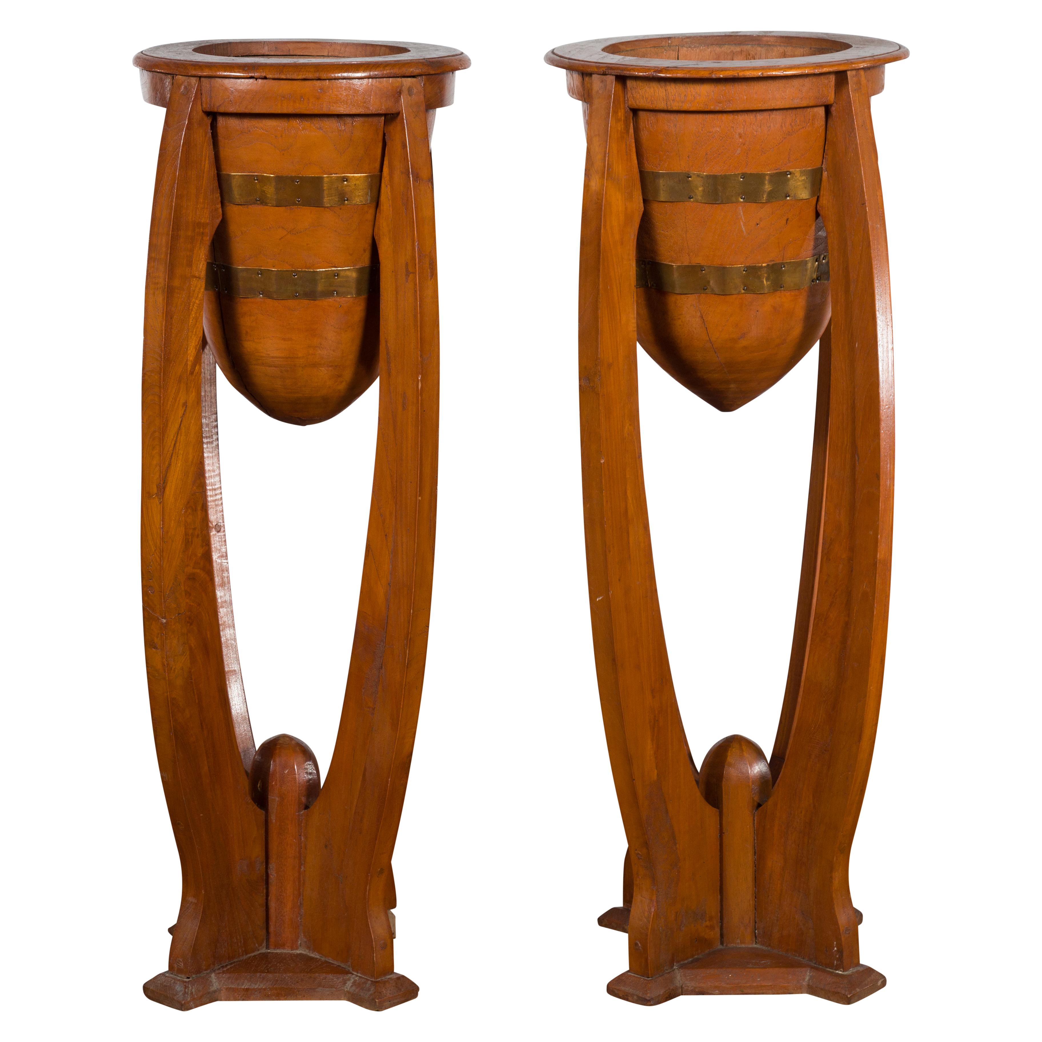 Large Pair of Javanese Art Deco Style Teak Wood Plant Stands with Brass Braces For Sale 10