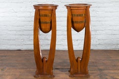Large Pair of Javanese Art Deco Style Teak Wood Plant Stands with Brass Braces