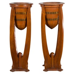 Large Pair of Javanese Art Deco Style Teak Wood Plant Stands with Brass Braces