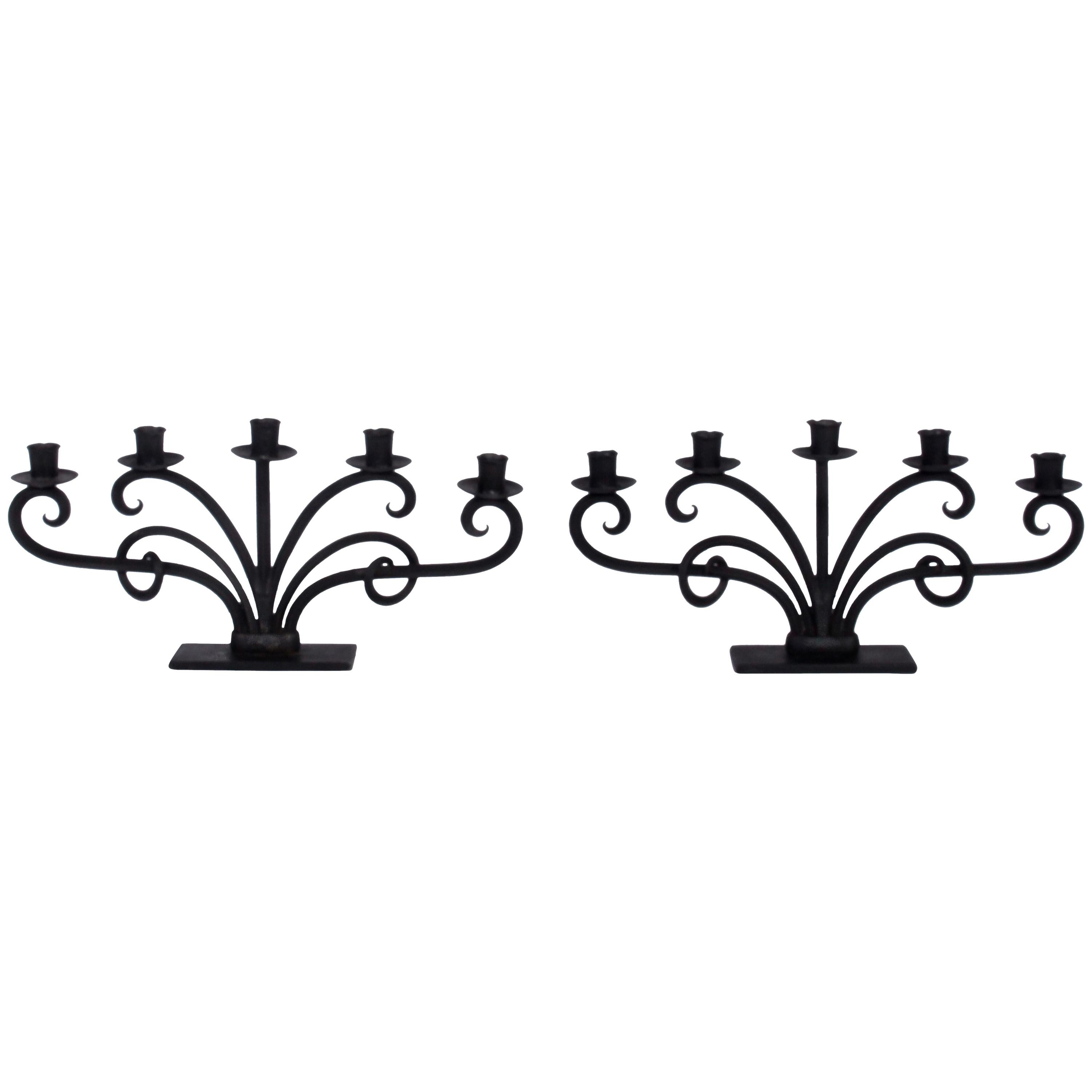 Large Pair of Just Andersen Style Six-Arm Hand Forged Iron Scrolled Candelabrum