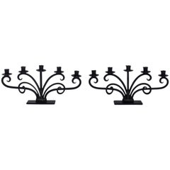 Large Pair of Just Andersen Style Six-Arm Hand Forged Iron Scrolled Candelabrum