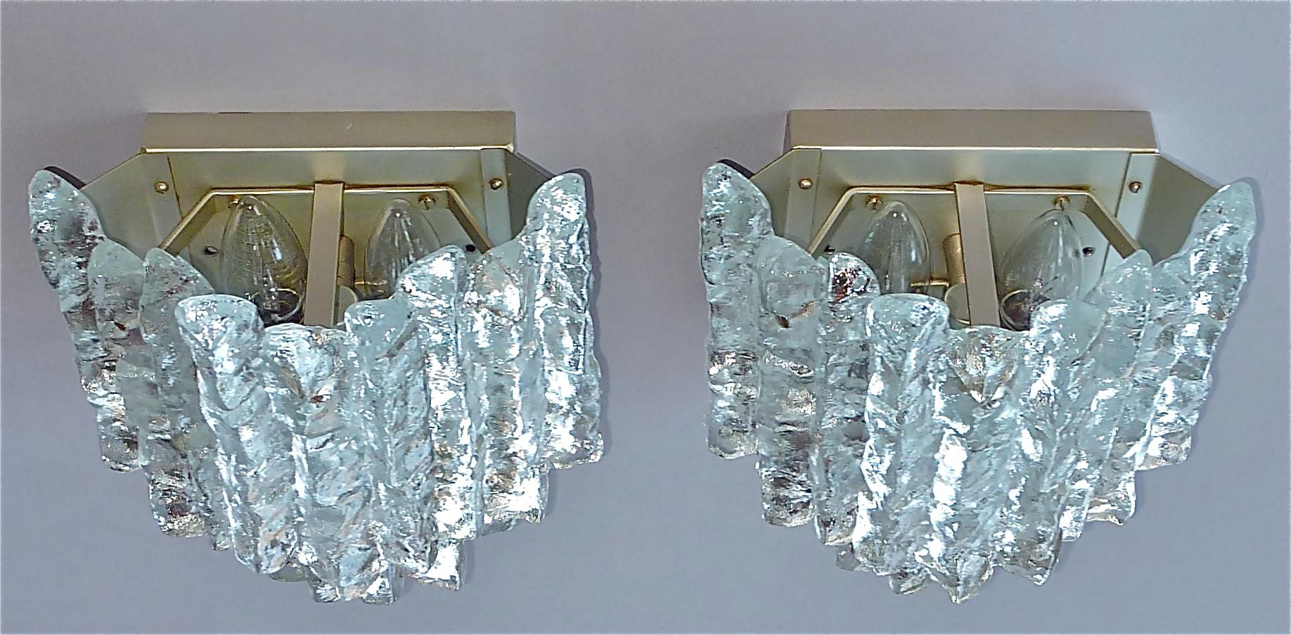 Large Pair of Kalmar Sconces Wall Lamps Textured Murano Ice Glass 1960 Brutalist 3