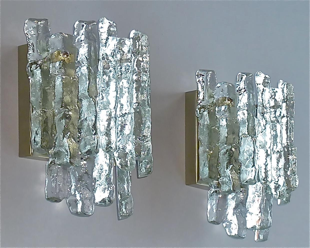 Large Pair of Kalmar Sconces Wall Lamps Textured Murano Ice Glass 1960 Brutalist 8