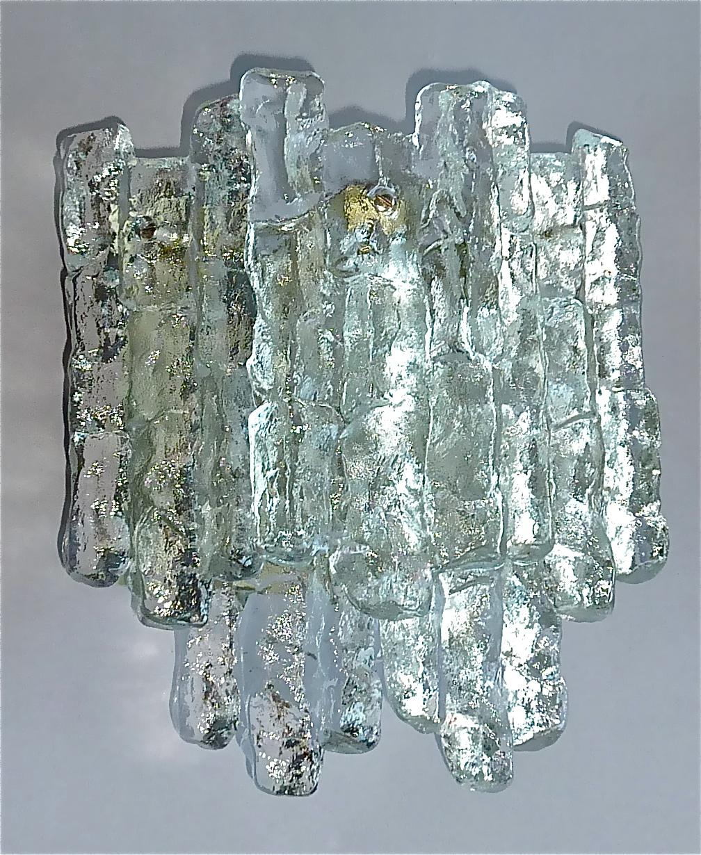 German Large Pair of Kalmar Sconces Wall Lamps Textured Murano Ice Glass 1960 Brutalist